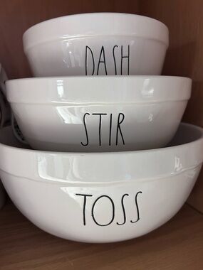 Rae Dunn White Ceramic "TOSS" "STIR" "DASH" Nesting Bowls